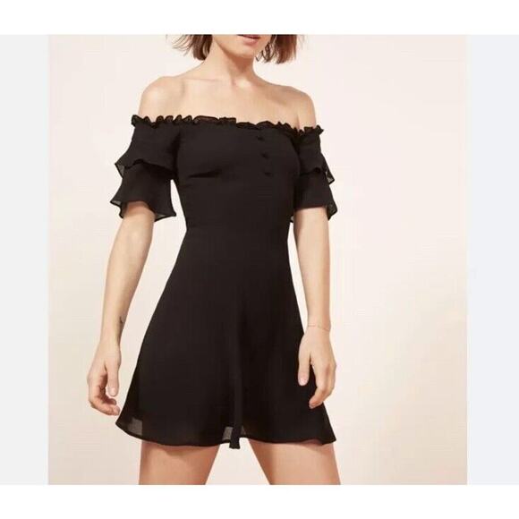 Reformation Diana Off the Shoulder Mini Dress Size 2 Black Ruffles Vamp Goth - Picture 1 of 12